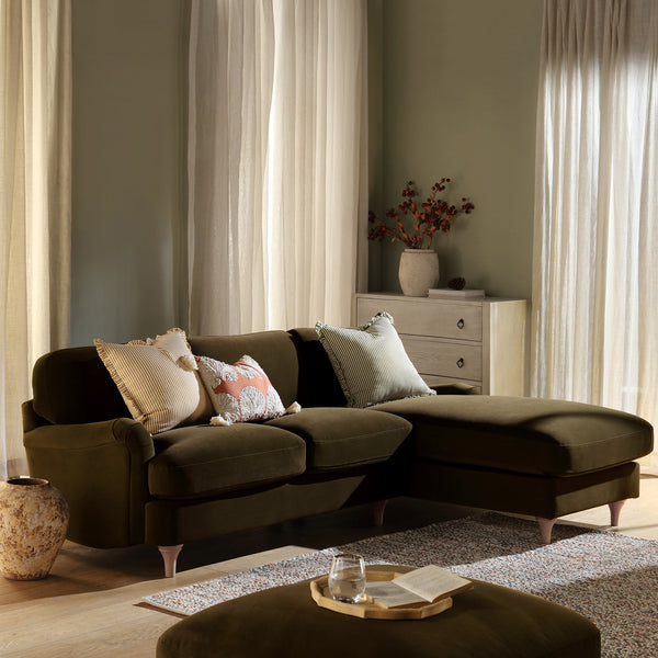 Daphnis Seaweed Velvet Sofa, Grande Chaise Sofa Right Hand Facing