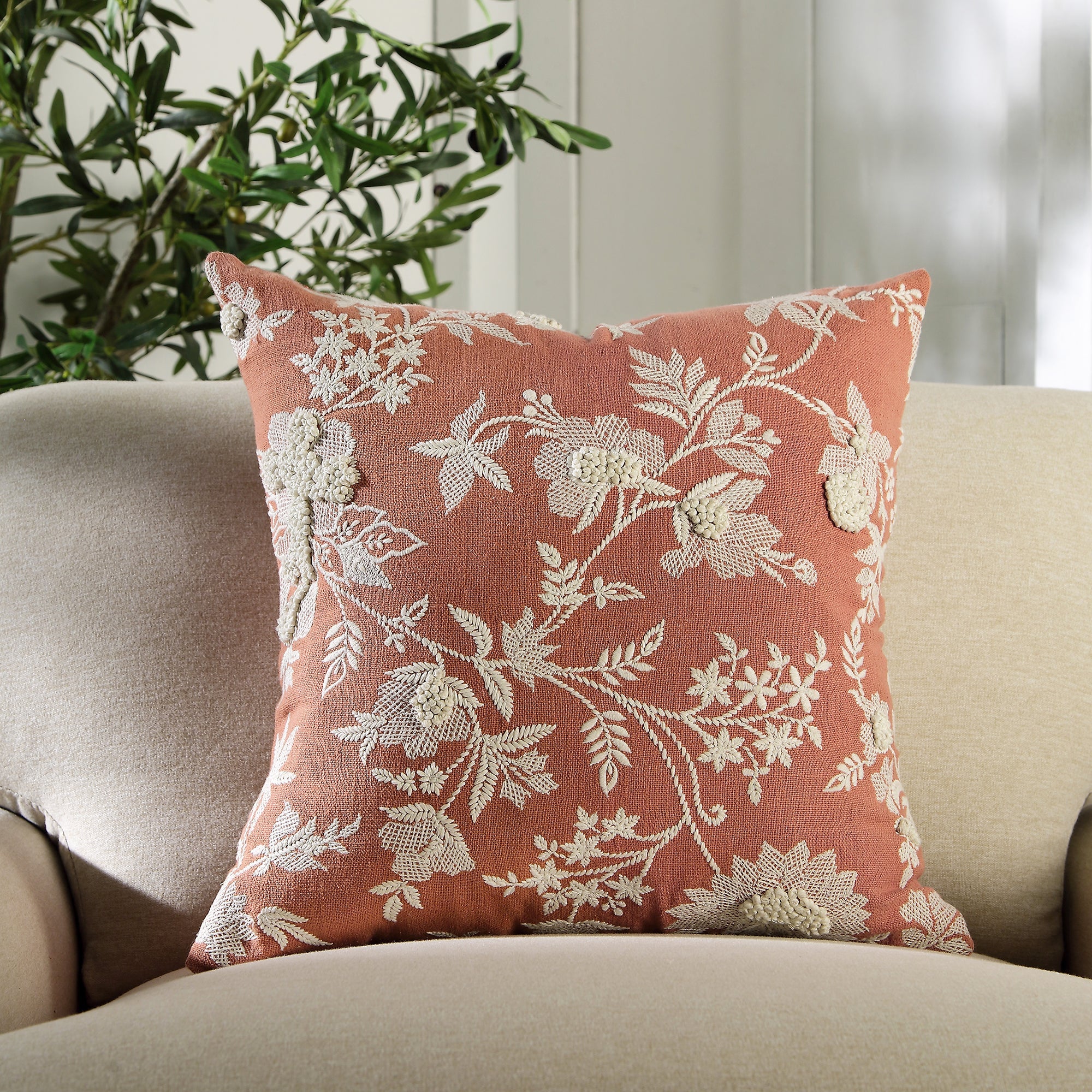 Aubrey Collection Hand Embroidered Floral Pillow