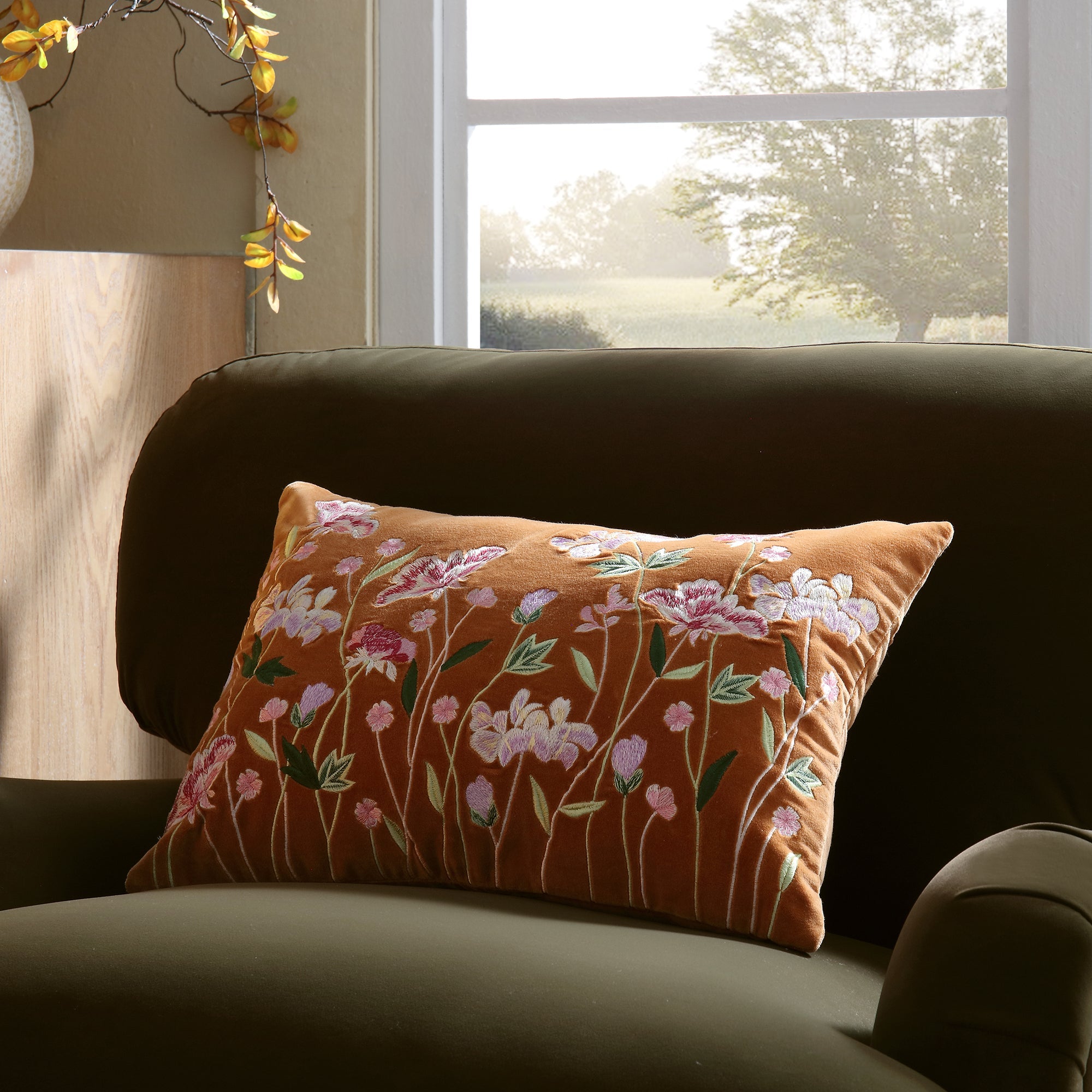 Botanica Collection Apricot Velvet Hand Embroidered Pillow