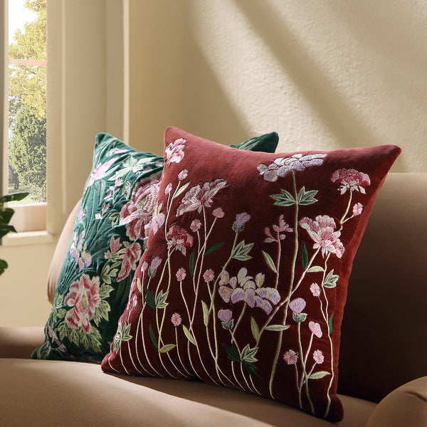 Botanica Collection Mulberry Velvet Hand Embroidered Pillow