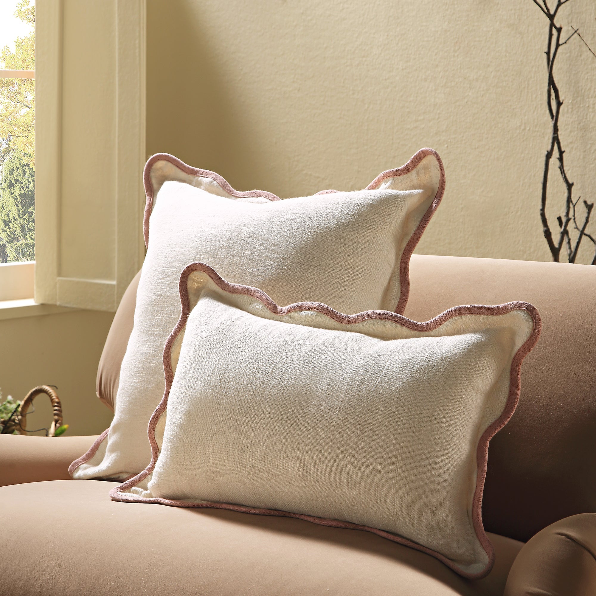 Evie Linen Dusky Pink Scalloped Rectangular Pillow