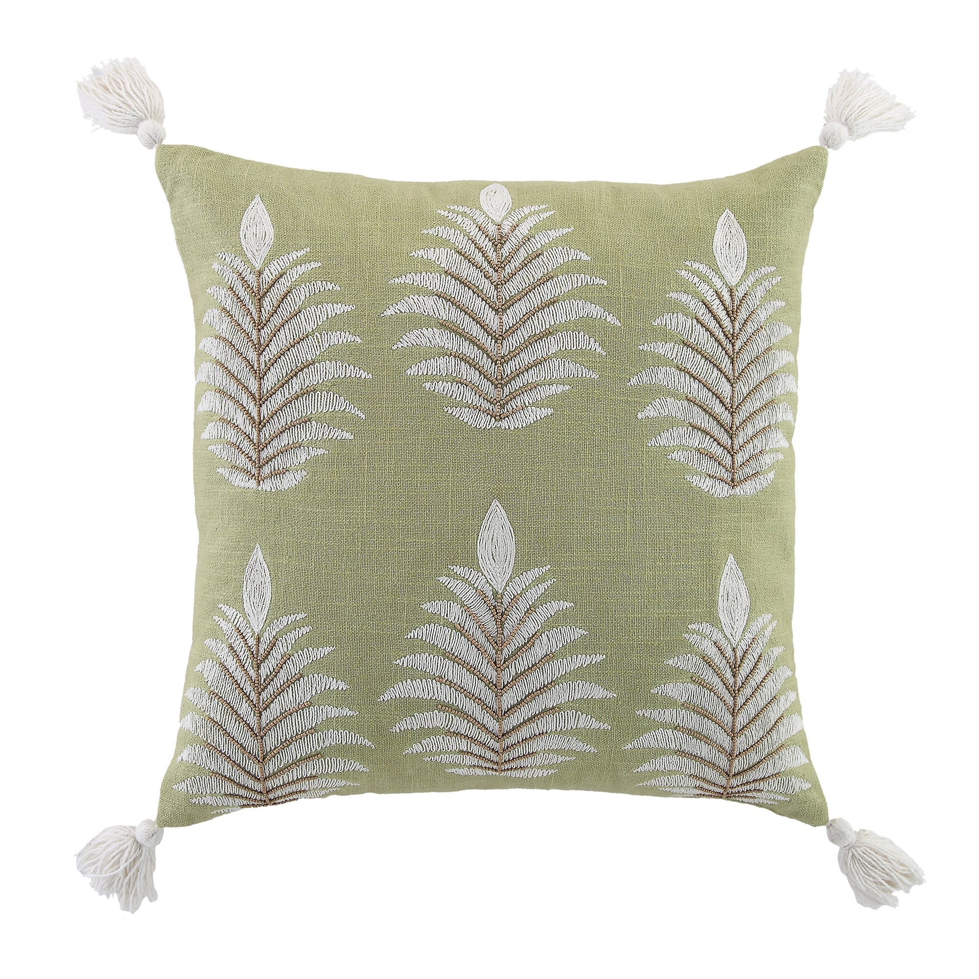 Vine Collection Green Palms Hand Embroidered Beaded Pillow