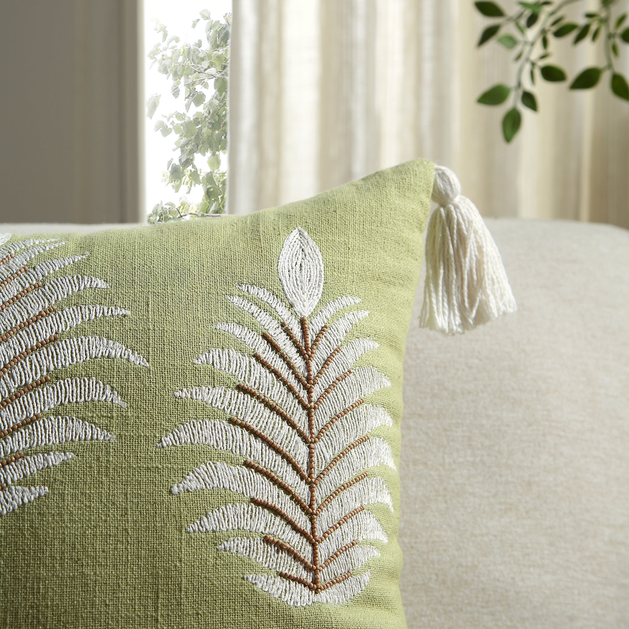 Vine Collection Green Palms Hand Embroidered Beaded Pillow