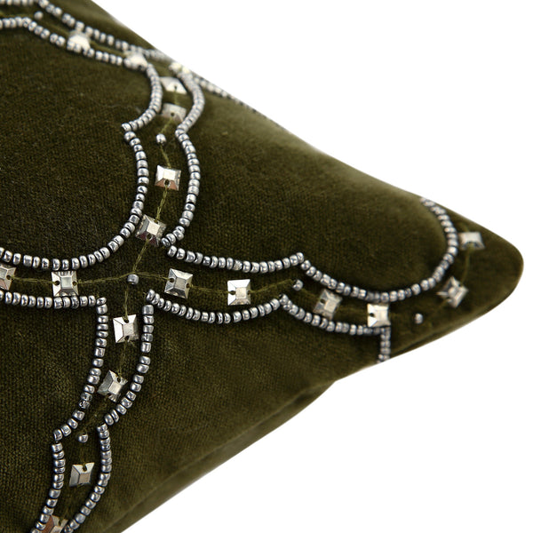 Luxe Collection Greta Beaded Moss Cotton Velvet Pillow