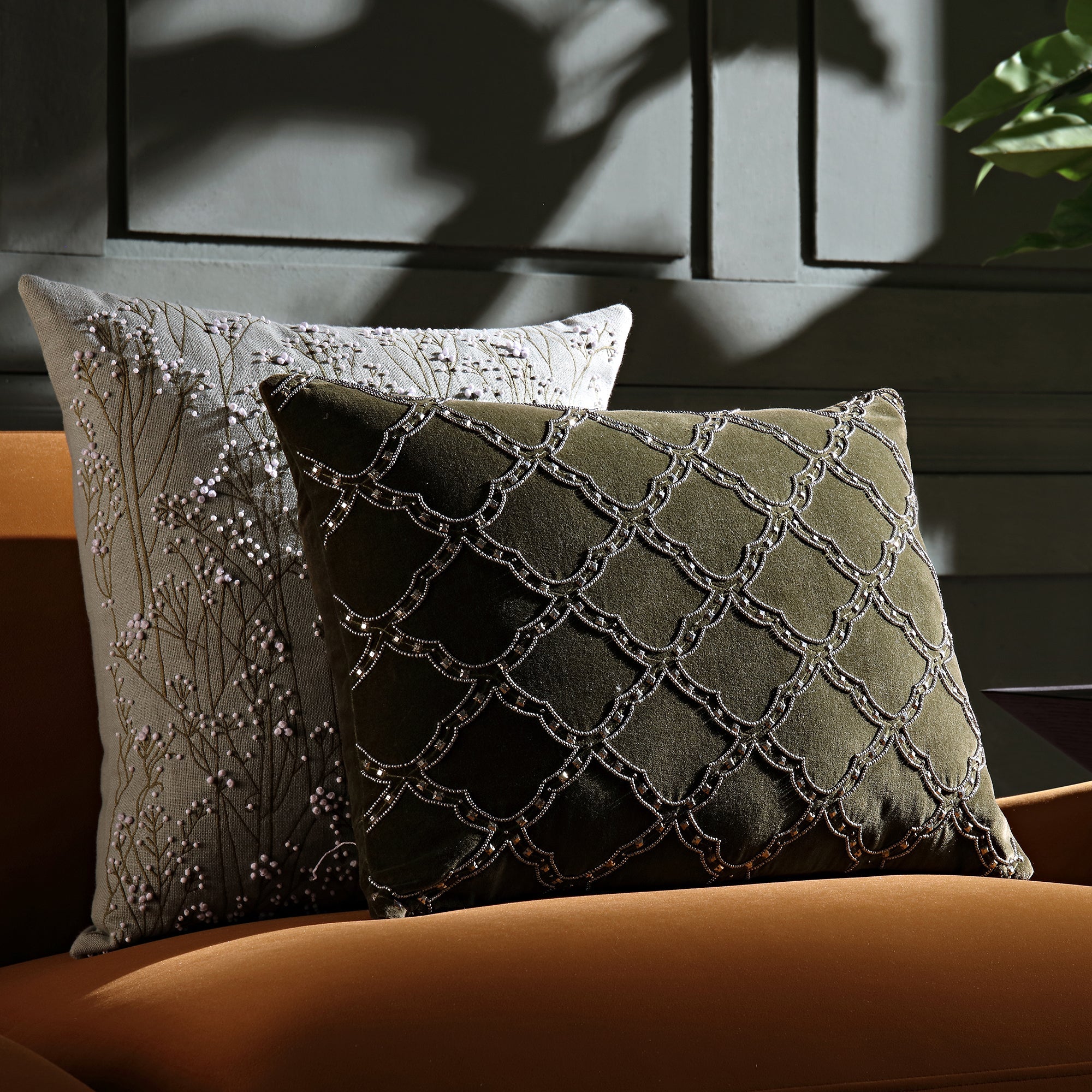 Luxe Collection Greta Beaded Moss Cotton Velvet Pillow