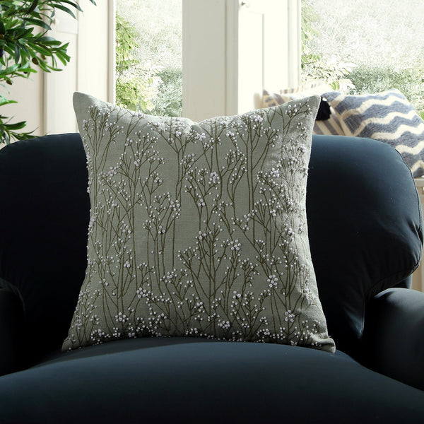 Meadow Hand Beaded and Embroidered Sage Green Pillow