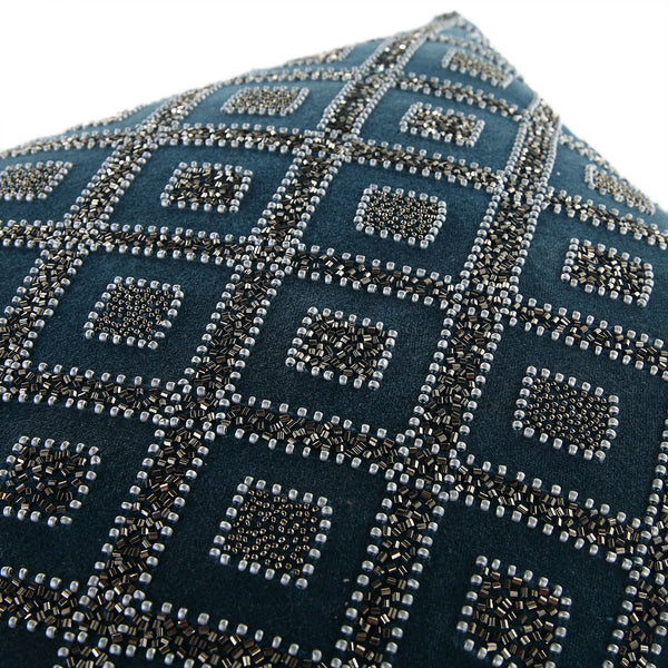 Luxe Collection Ottavia Beaded Teal Cotton Velvet Pillow