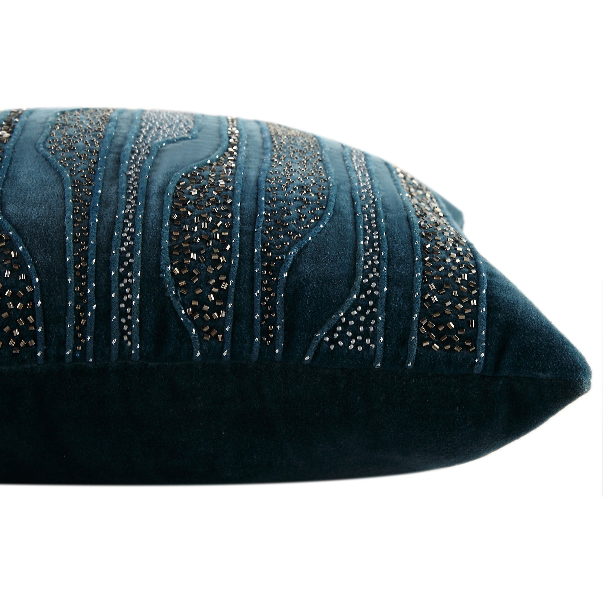 Luxe Collection Zita Beaded Teal Cotton Velvet Pillow