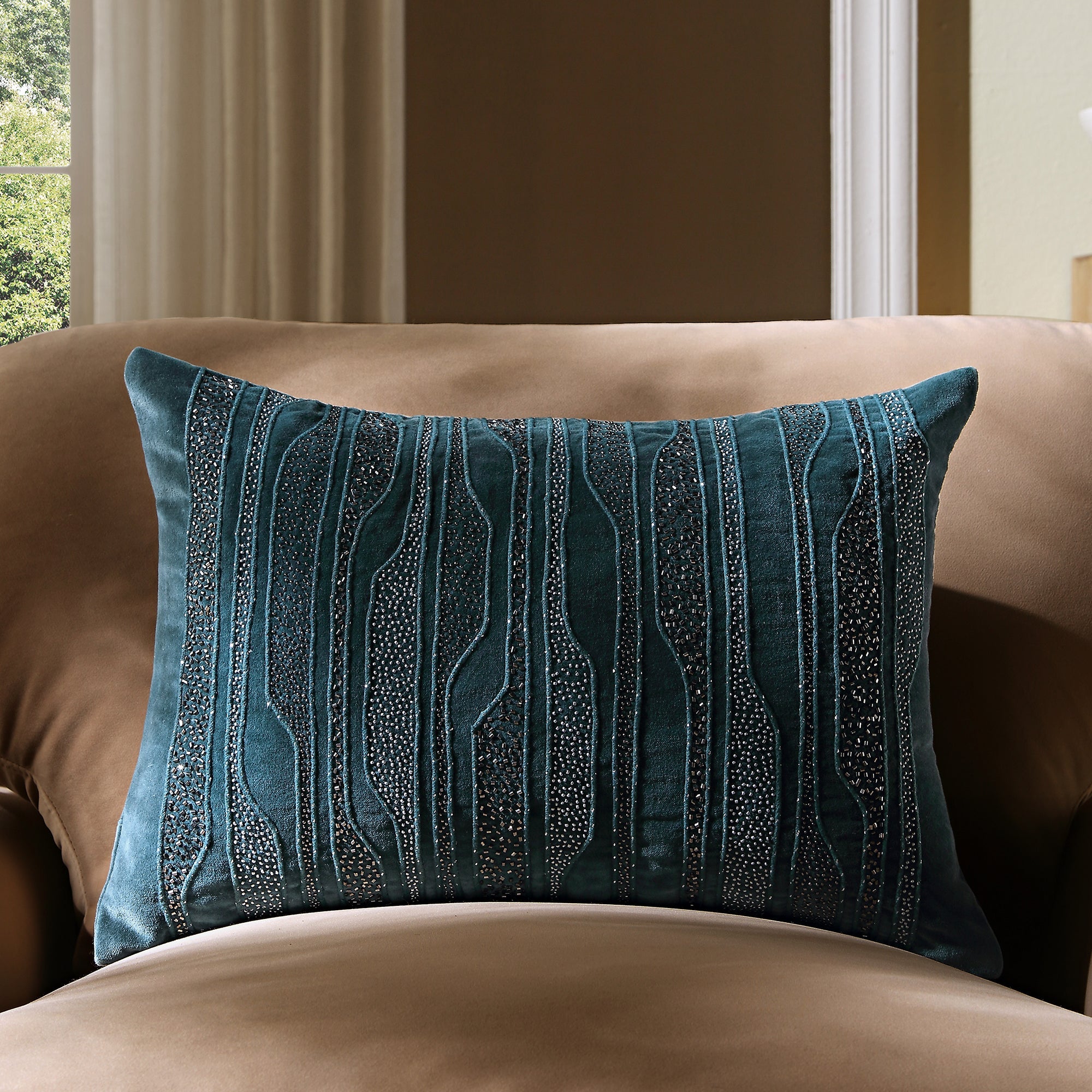 Luxe Collection Zita Beaded Teal Cotton Velvet Pillow