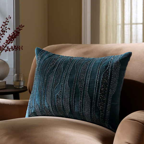 Luxe Collection Zita Beaded Teal Cotton Velvet Pillow