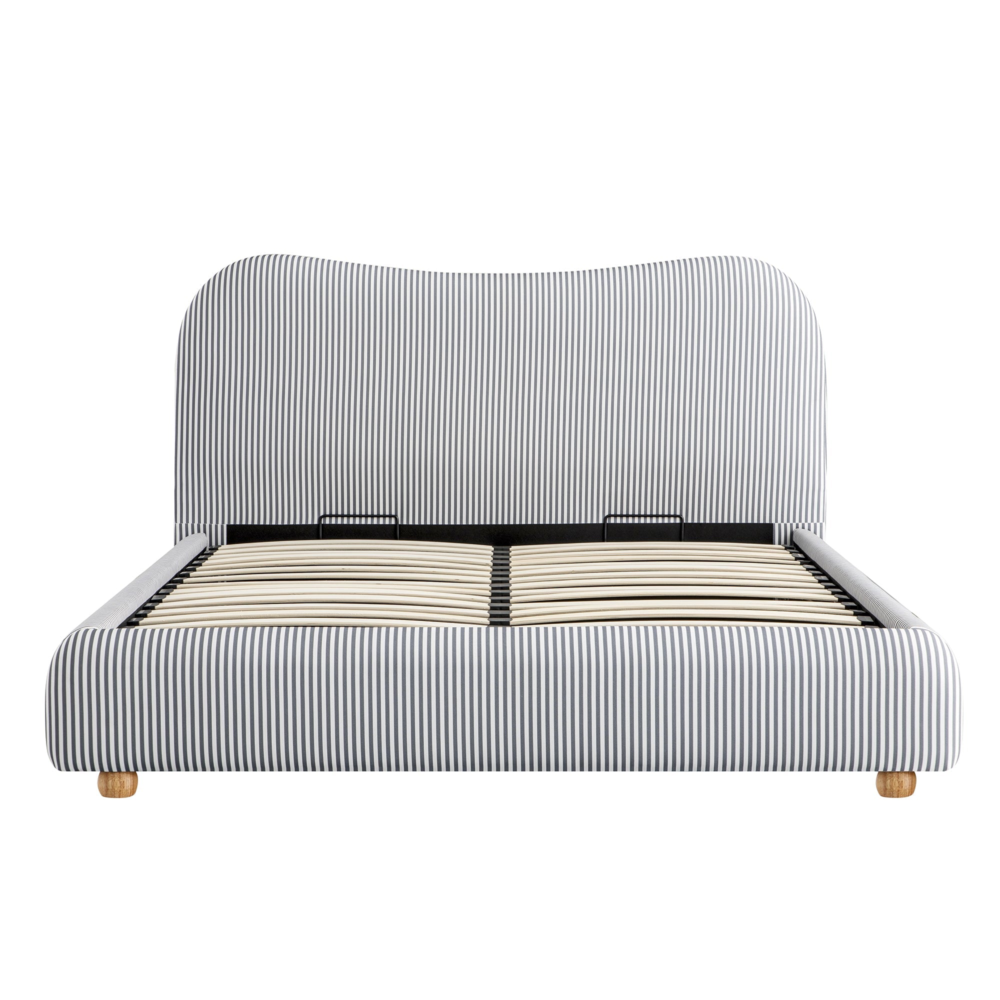 Egerie Curved Headboard Slate Blue Striped Fabric Ottoman Storage Bed