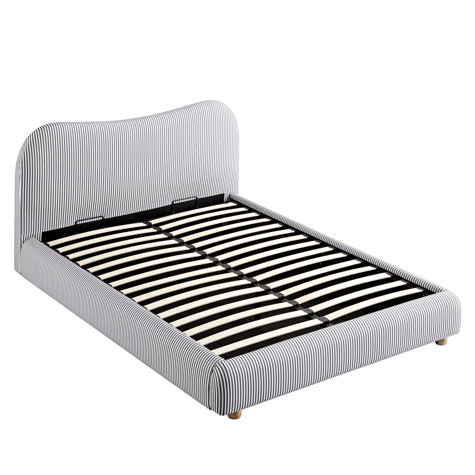 Egerie Curved Headboard Slate Blue Striped Fabric Ottoman Storage Bed