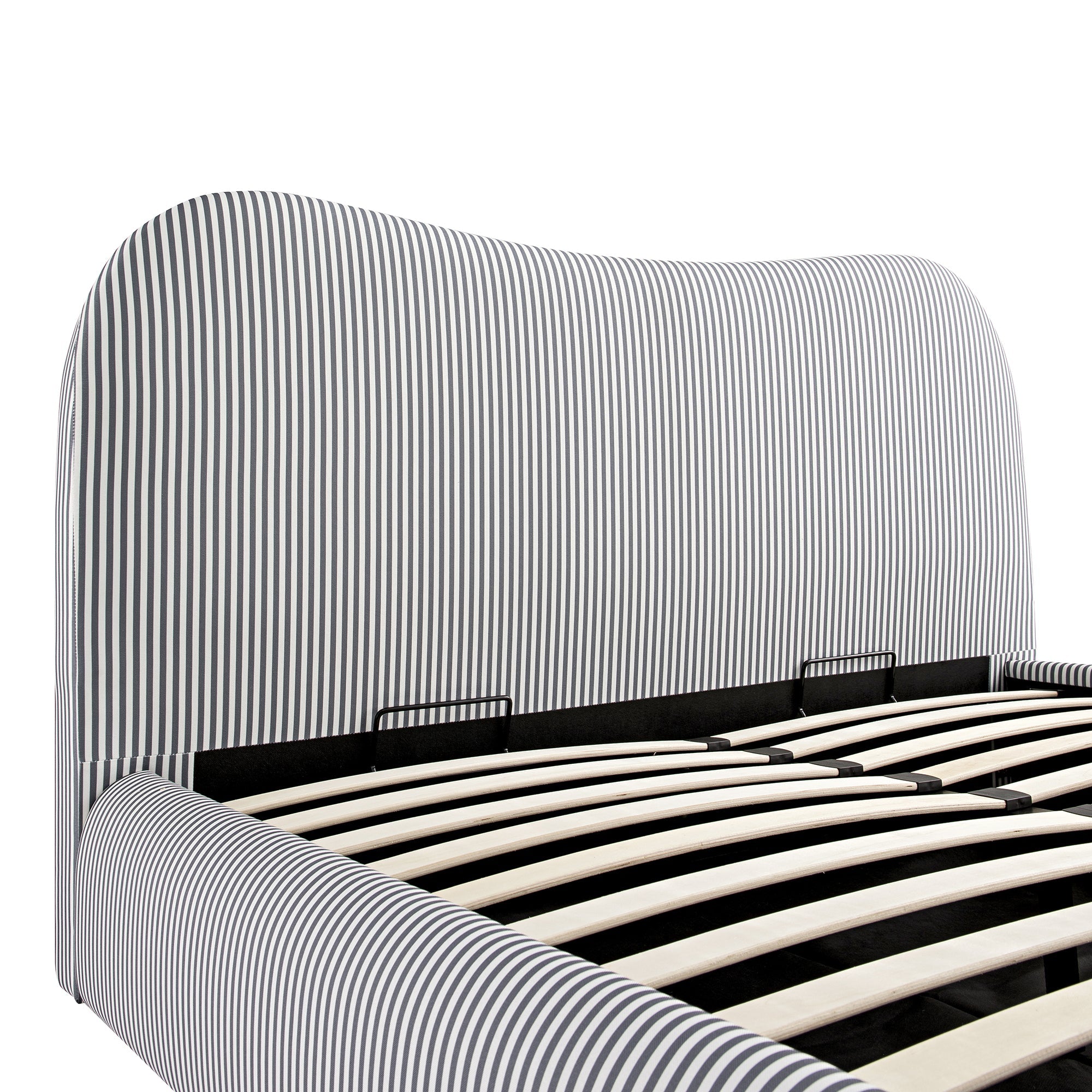 Egerie Curved Headboard Slate Blue Striped Fabric Ottoman Storage Bed