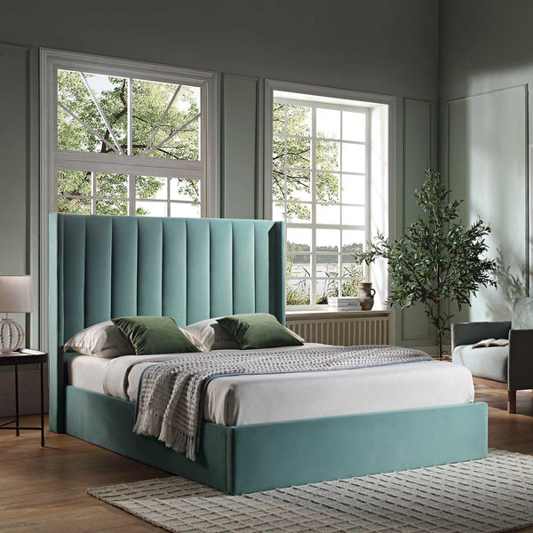 Wilton Seafoam Blue Velvet Ottoman Storage Bed