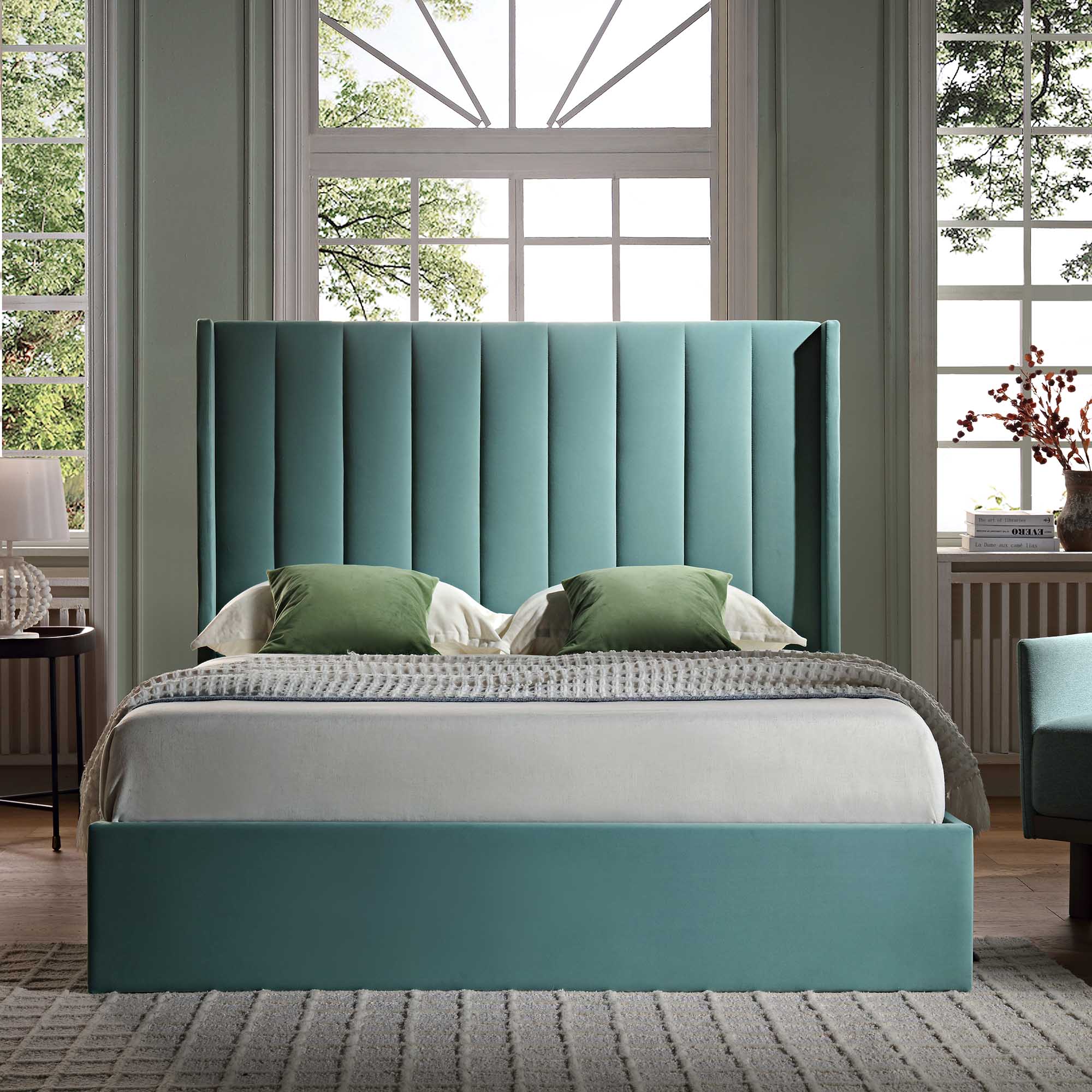 Wilton Seafoam Blue Velvet Ottoman Storage Bed