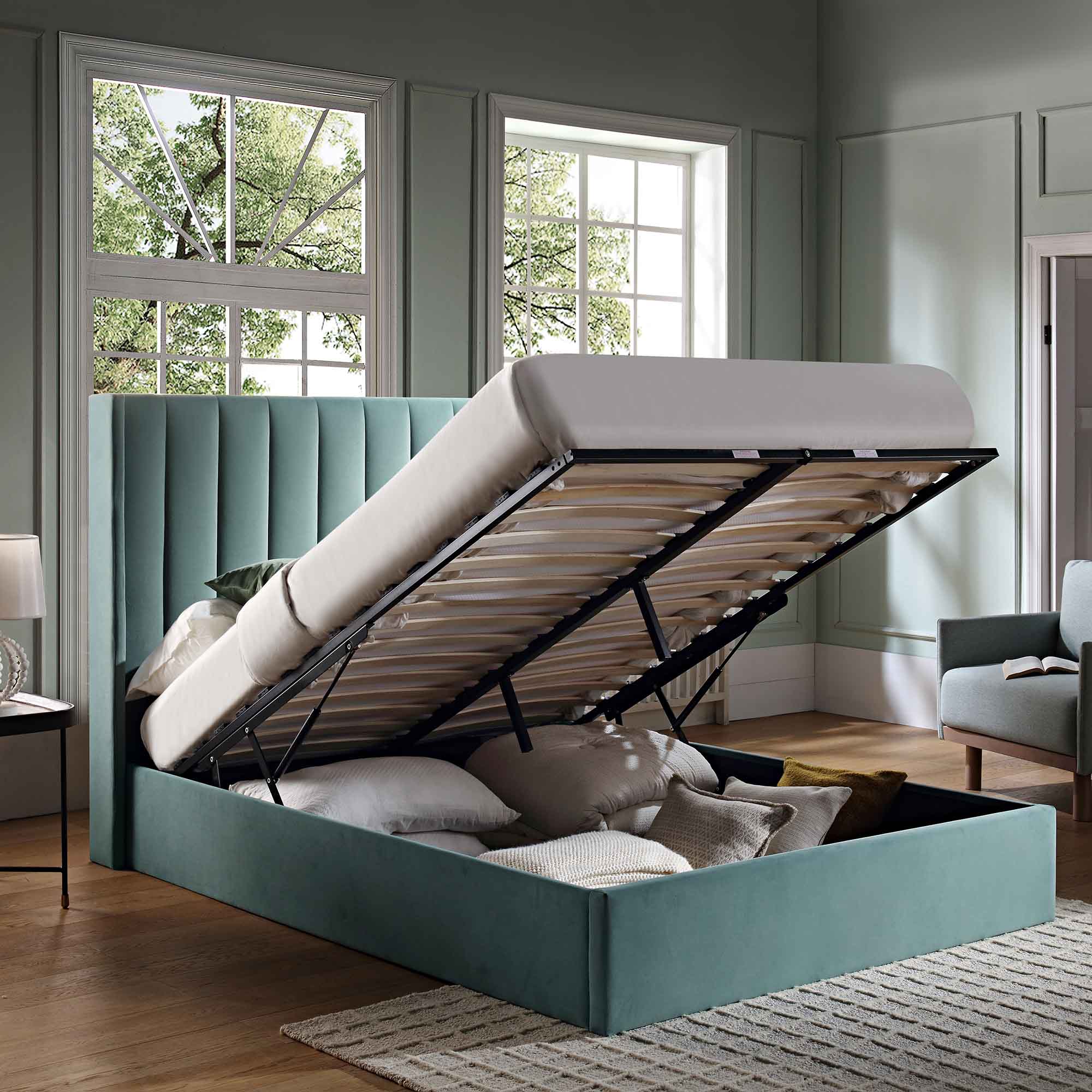 Wilton Seafoam Blue Velvet Ottoman Storage Bed