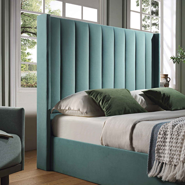 Wilton Seafoam Blue Velvet Ottoman Storage Bed