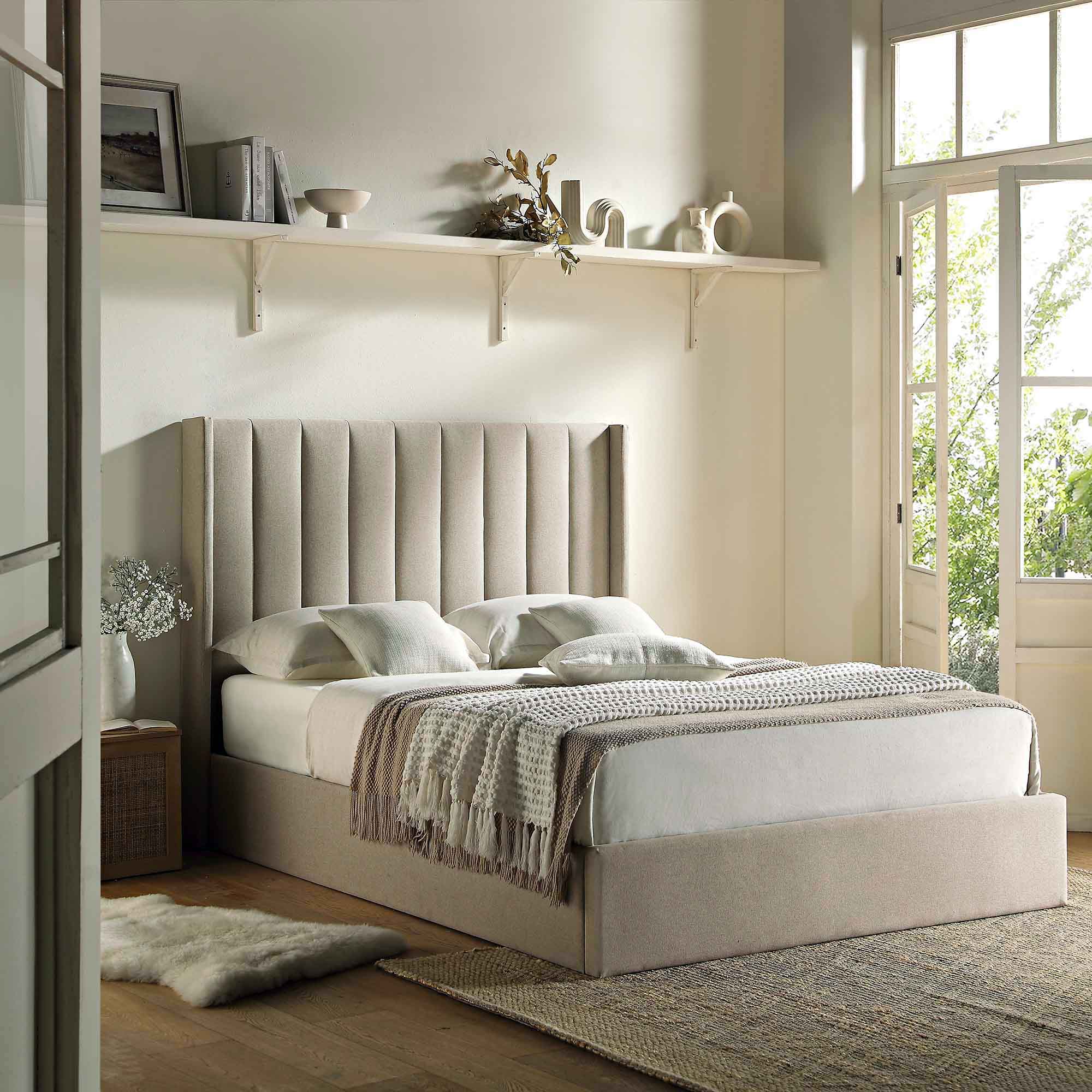 Wilton Warm Stone Fabric Ottoman Storage Bed