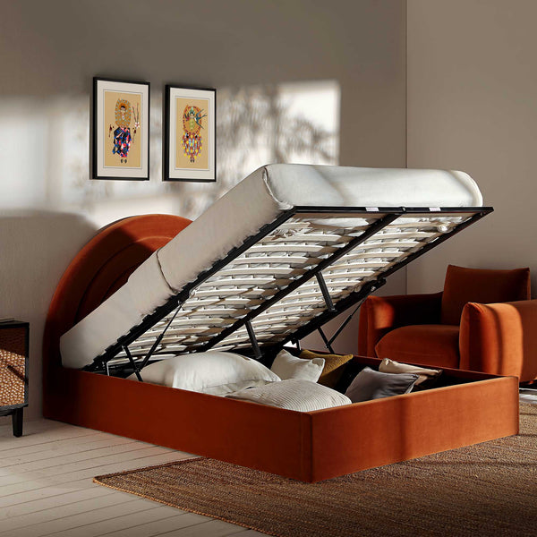 Archer Rust Velvet Ottoman Storage Bed