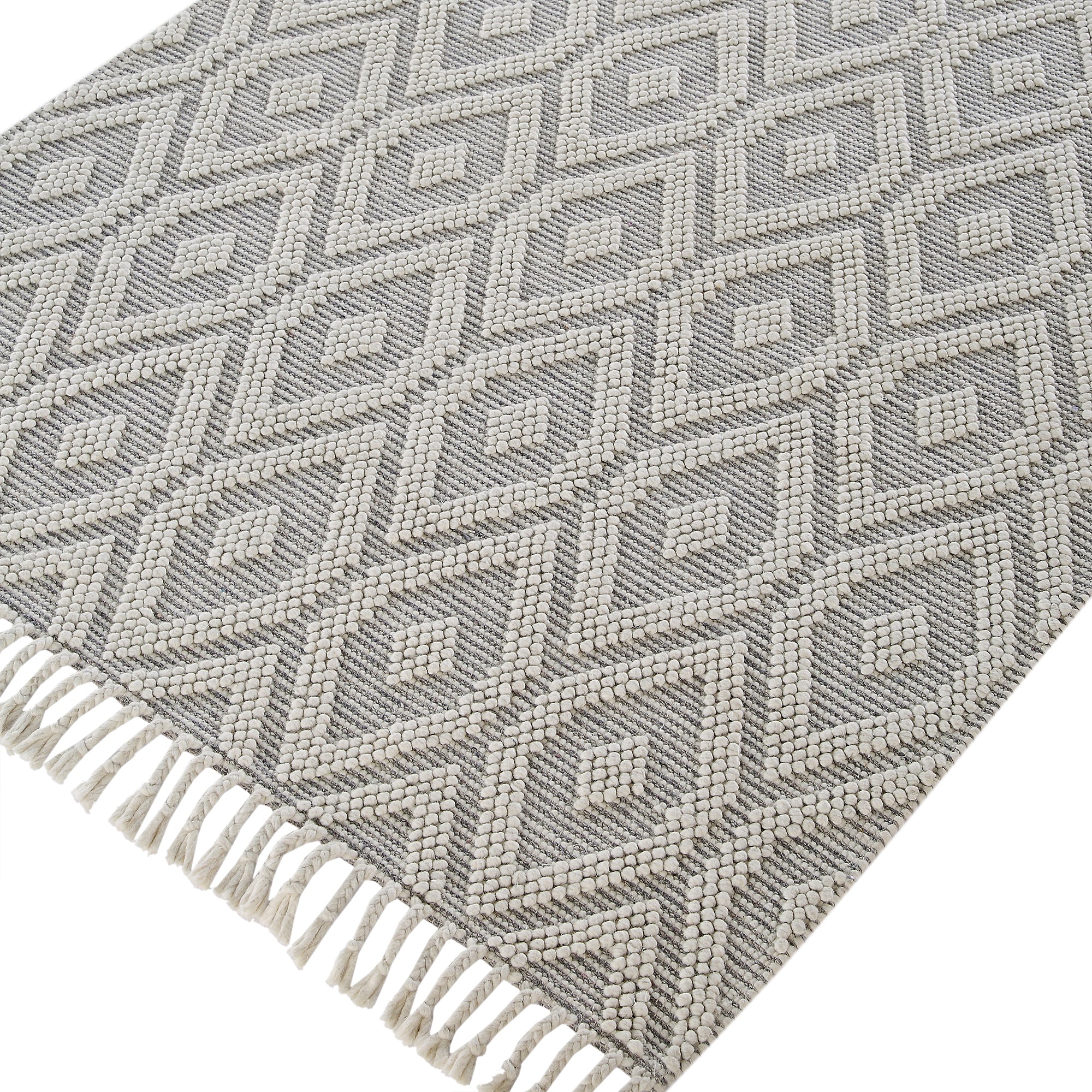 Avanti Handwoven Light Grey and Cream Diamond Bobble Wool Rug