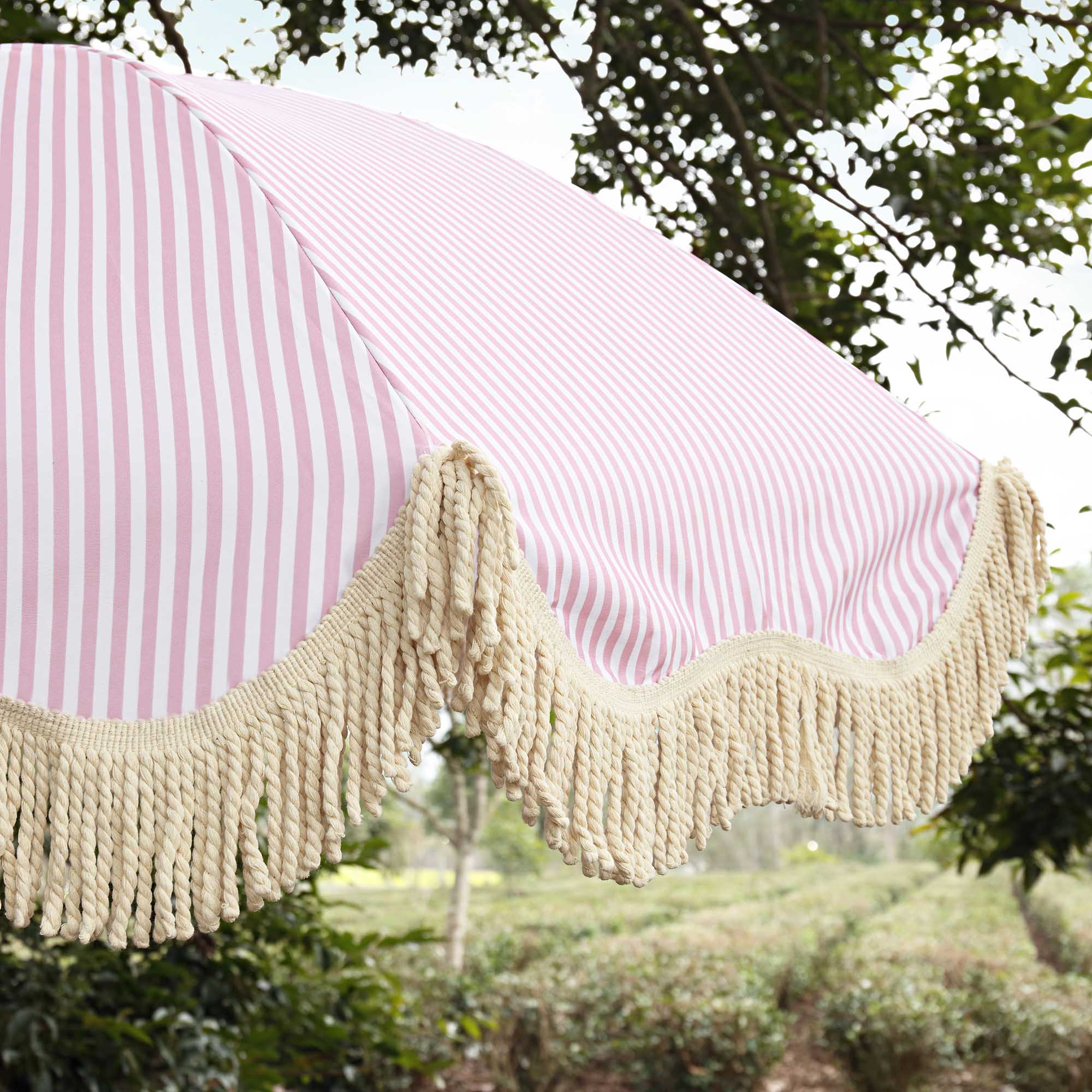 Gabriel Pink and White Striped Fringed Parasol with Tilt