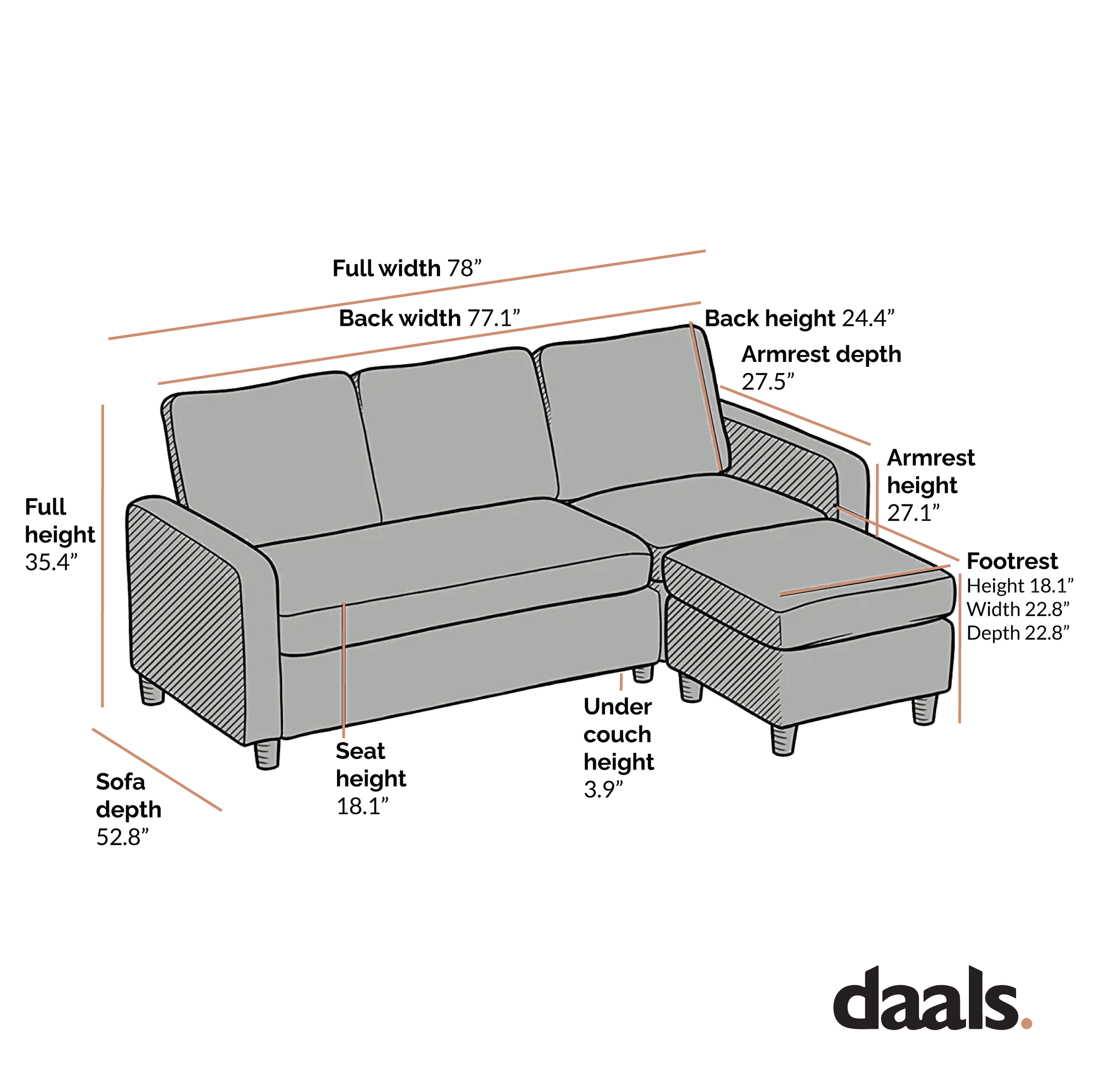 Campbell 3 Seater Sofa with Reversible Chaise in Dark Grey