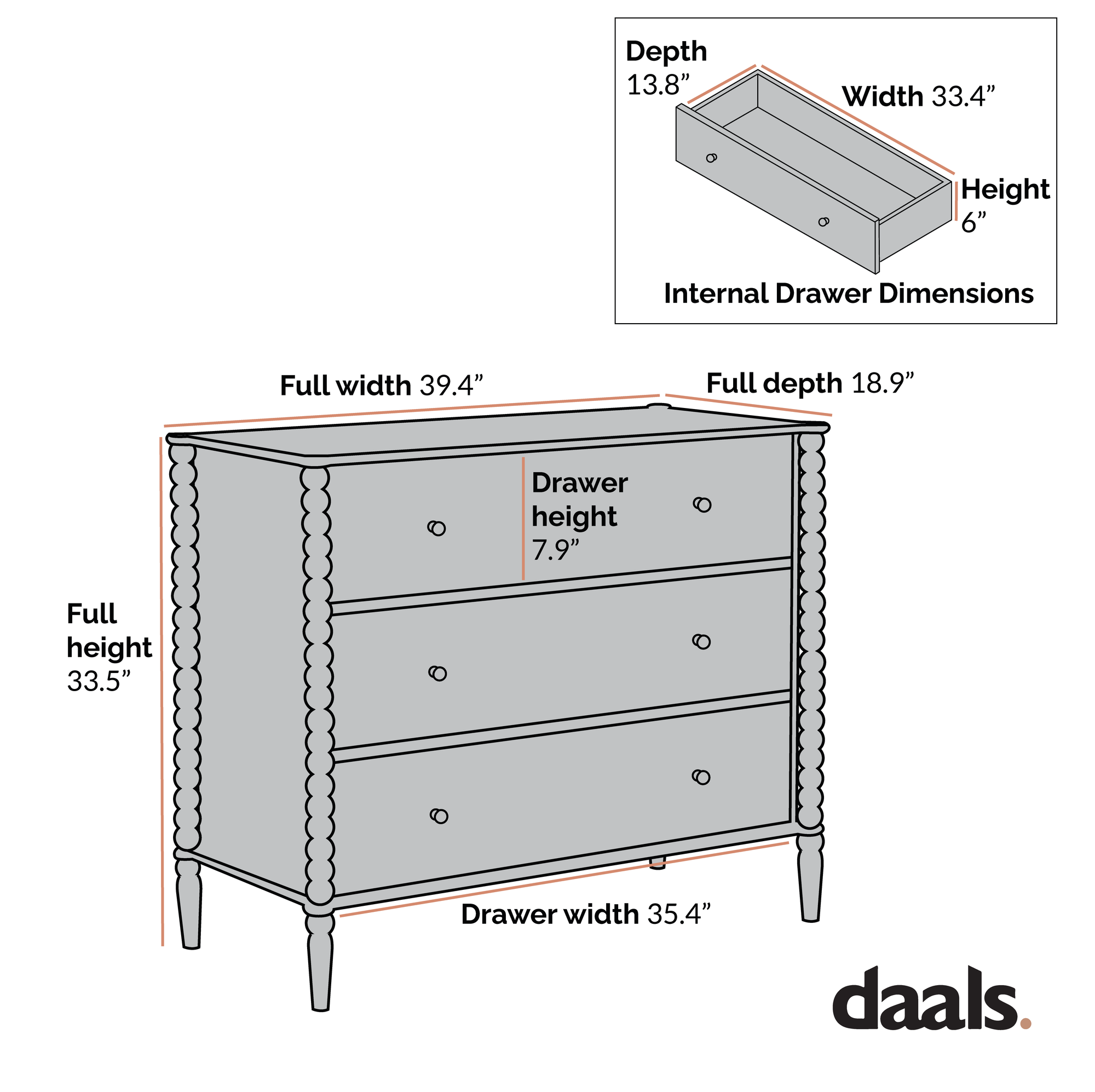 Lyndon Beige Bobbin 3 Drawer Dresser