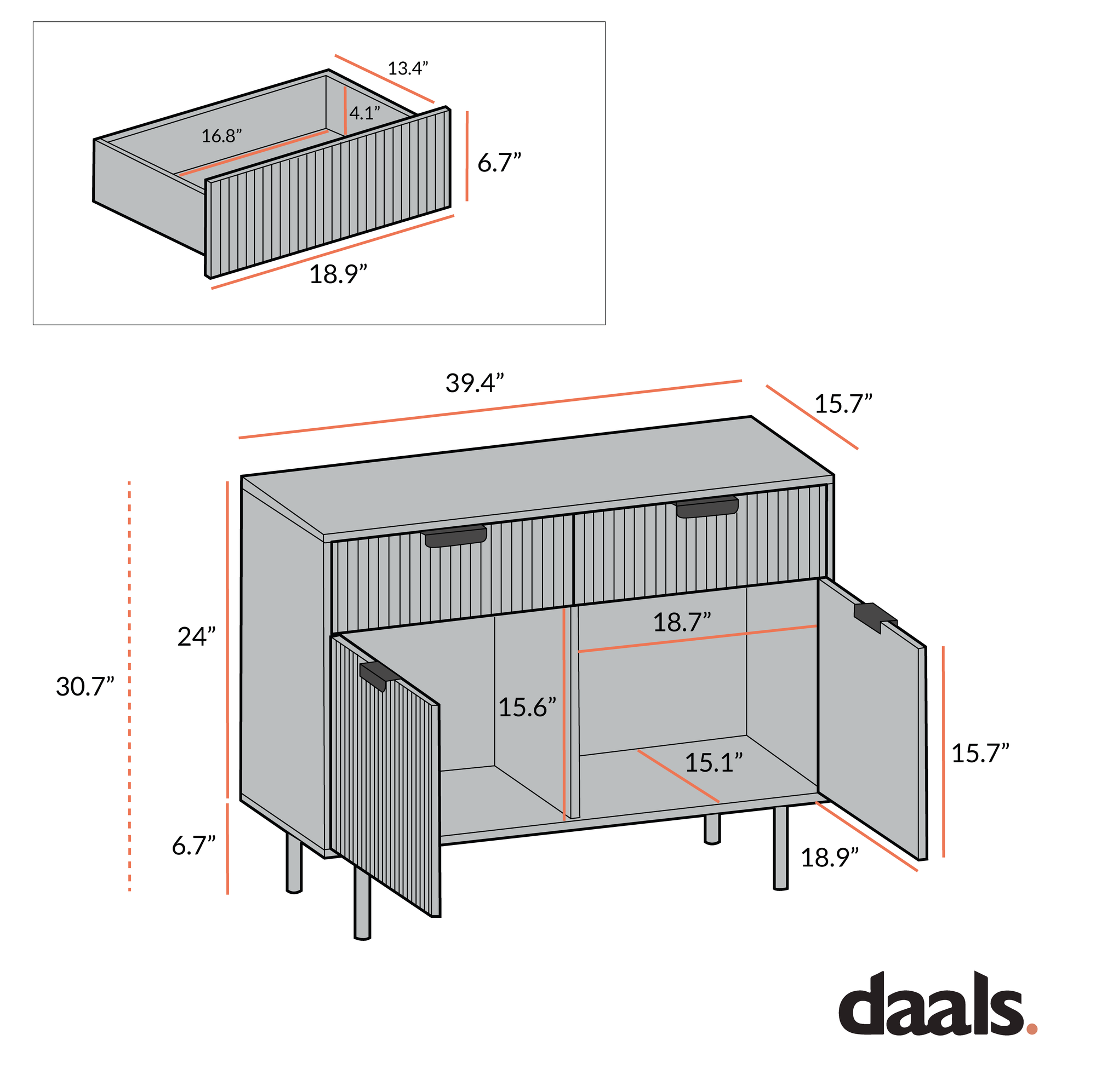 Richmond Ridged 2-Door Cabinet with Drawers, Matte Black