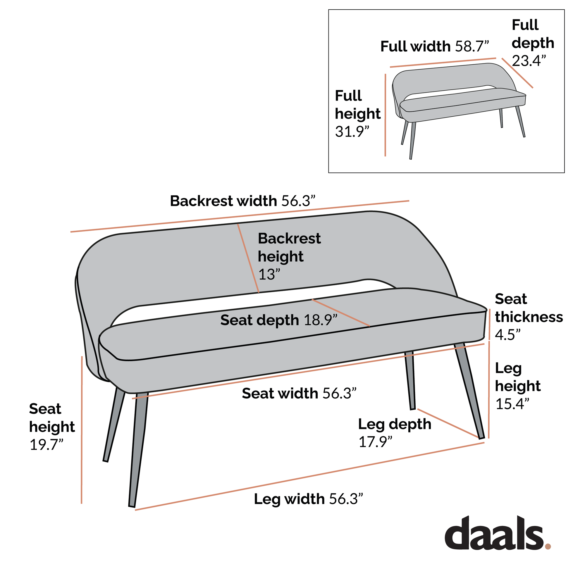 Oakley Dark Gray Velvet Upholstered 3 Seater Dining Bench with Contrast Piping