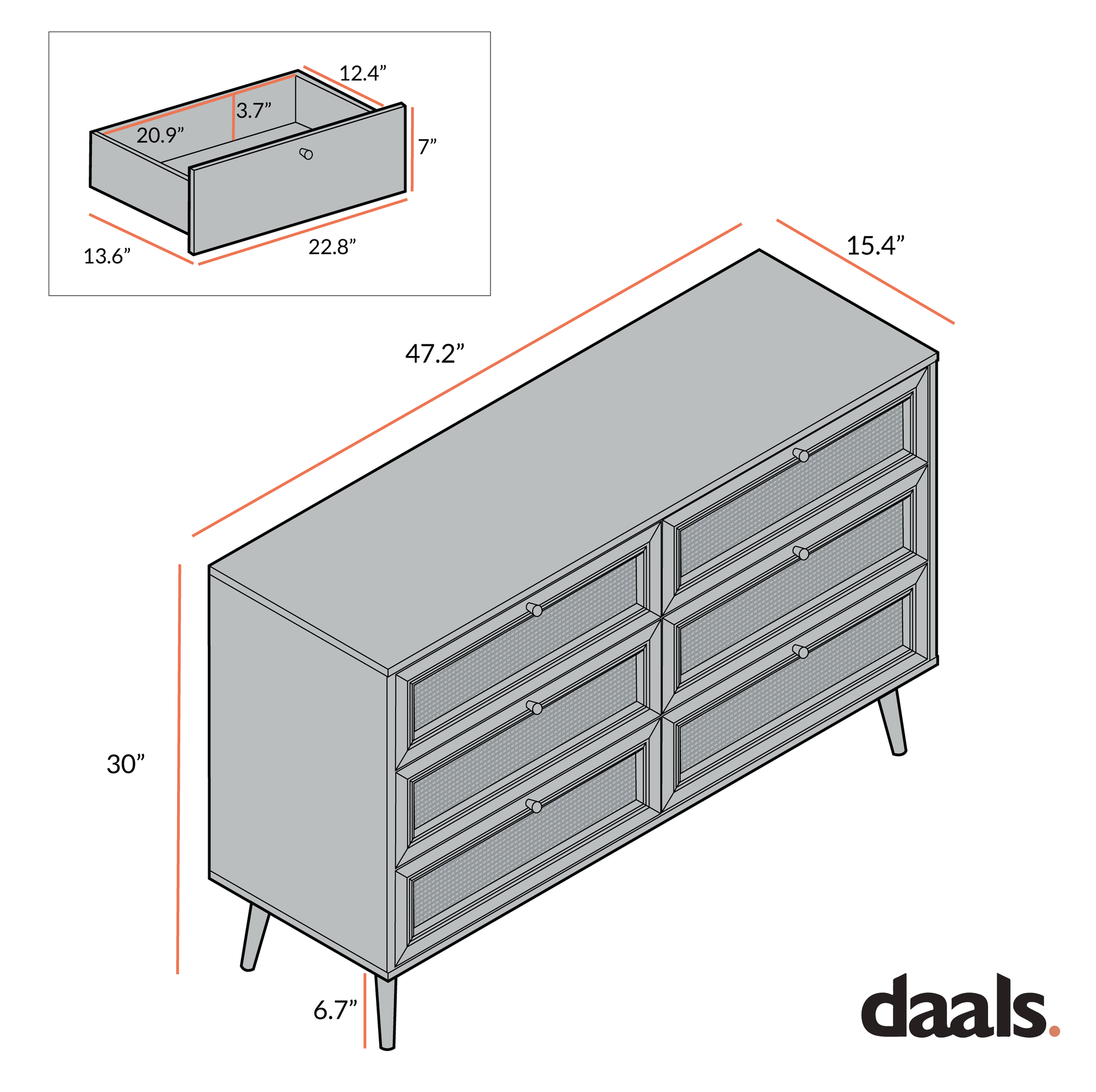 Frances Woven Rattan 6 Drawer Dresser, Natural