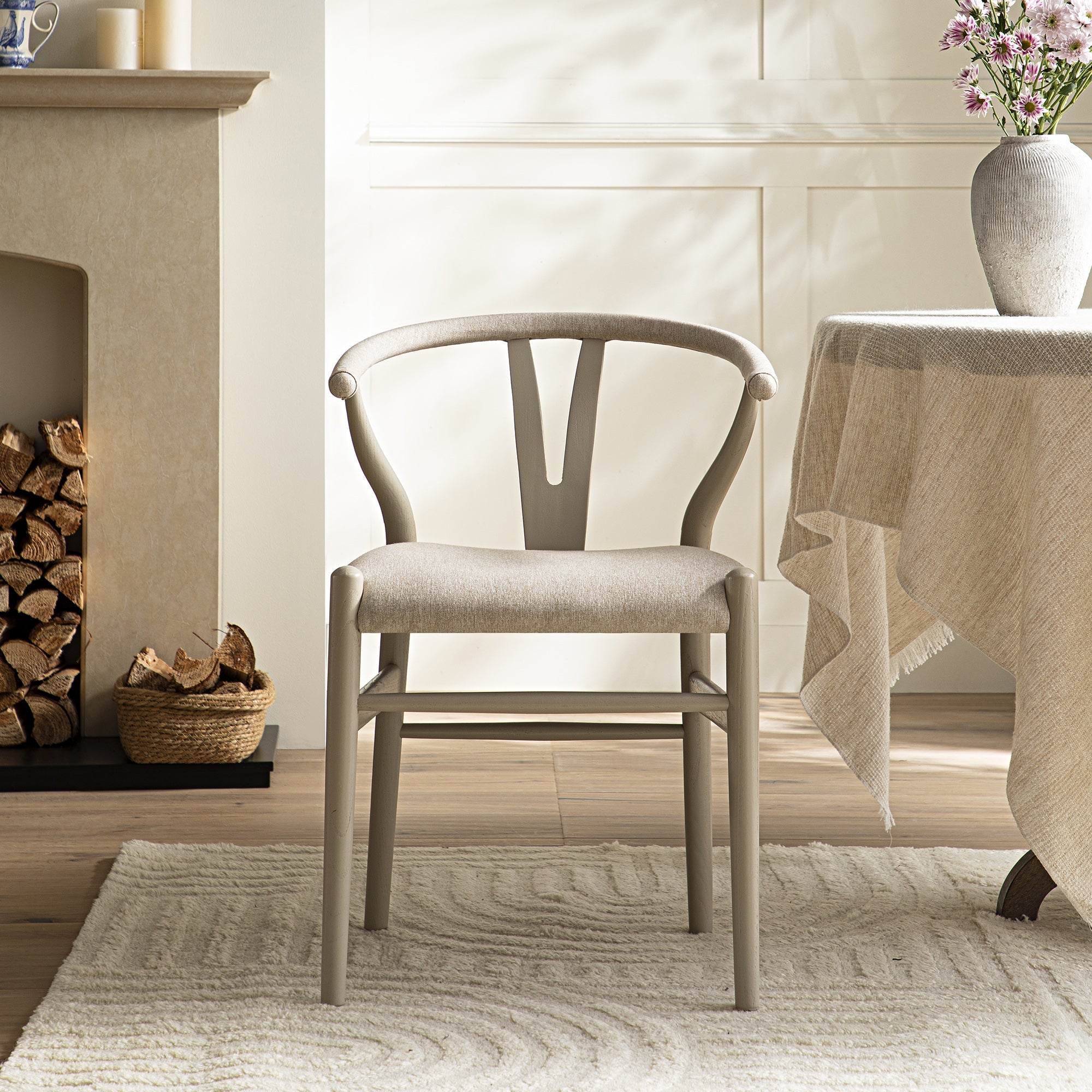 Hansel Upholstered Dining Chair, Taupe Frame with Oatmeal Fabric