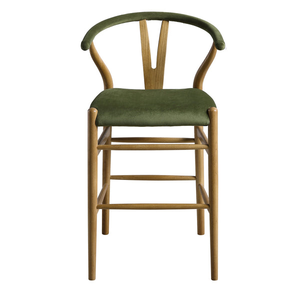 Hansel Upholstered Wishbone Counter Stool, Moss Green Velvet and Light Walnut Frame