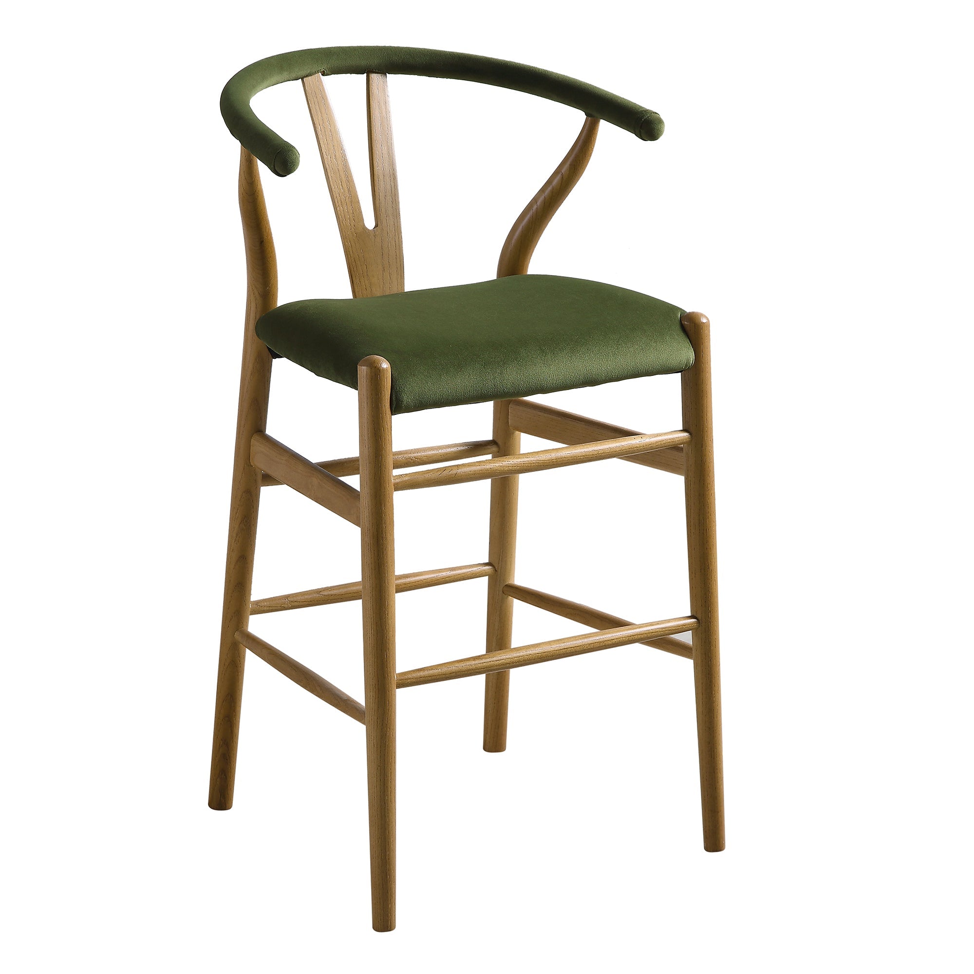 Hansel Upholstered Wishbone Counter Stool, Moss Green Velvet and Light Walnut Frame