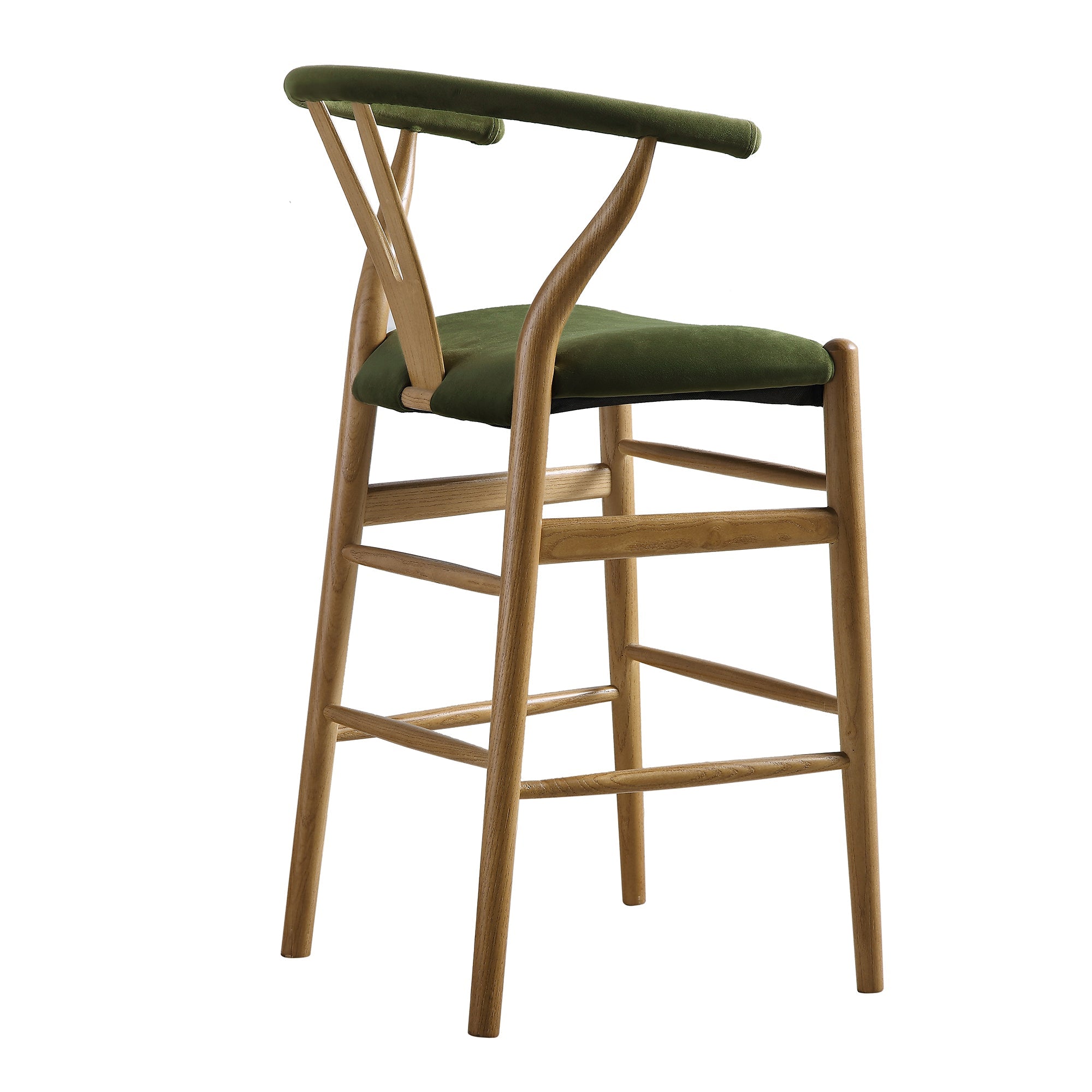 Hansel Upholstered Wishbone Counter Stool, Moss Green Velvet and Light Walnut Frame