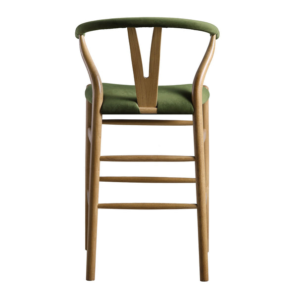 Hansel Upholstered Wishbone Counter Stool, Moss Green Velvet and Light Walnut Frame