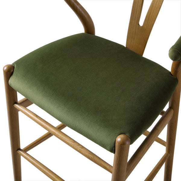 Hansel Upholstered Wishbone Counter Stool, Moss Green Velvet and Light Walnut Frame