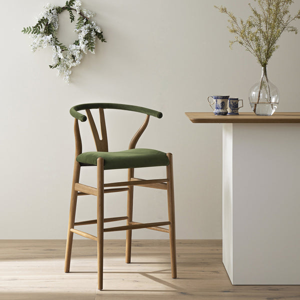 Hansel Upholstered Wishbone Counter Stool, Moss Green Velvet and Light Walnut Frame