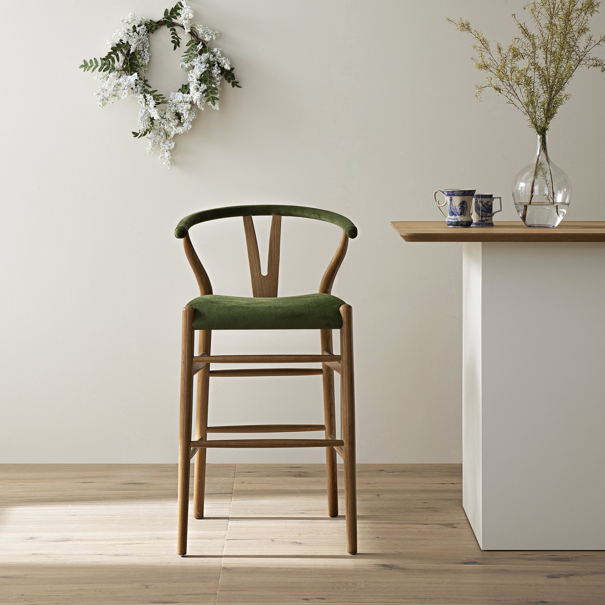 Hansel Upholstered Wishbone Counter Stool, Moss Green Velvet and Light Walnut Frame