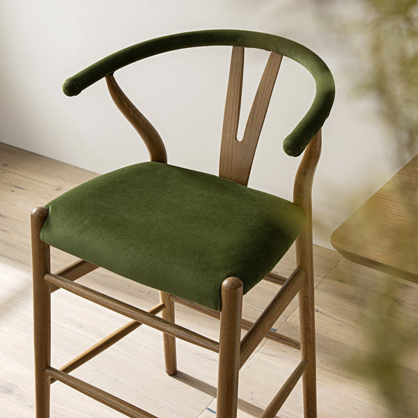 Hansel Upholstered Wishbone Counter Stool, Moss Green Velvet and Light Walnut Frame