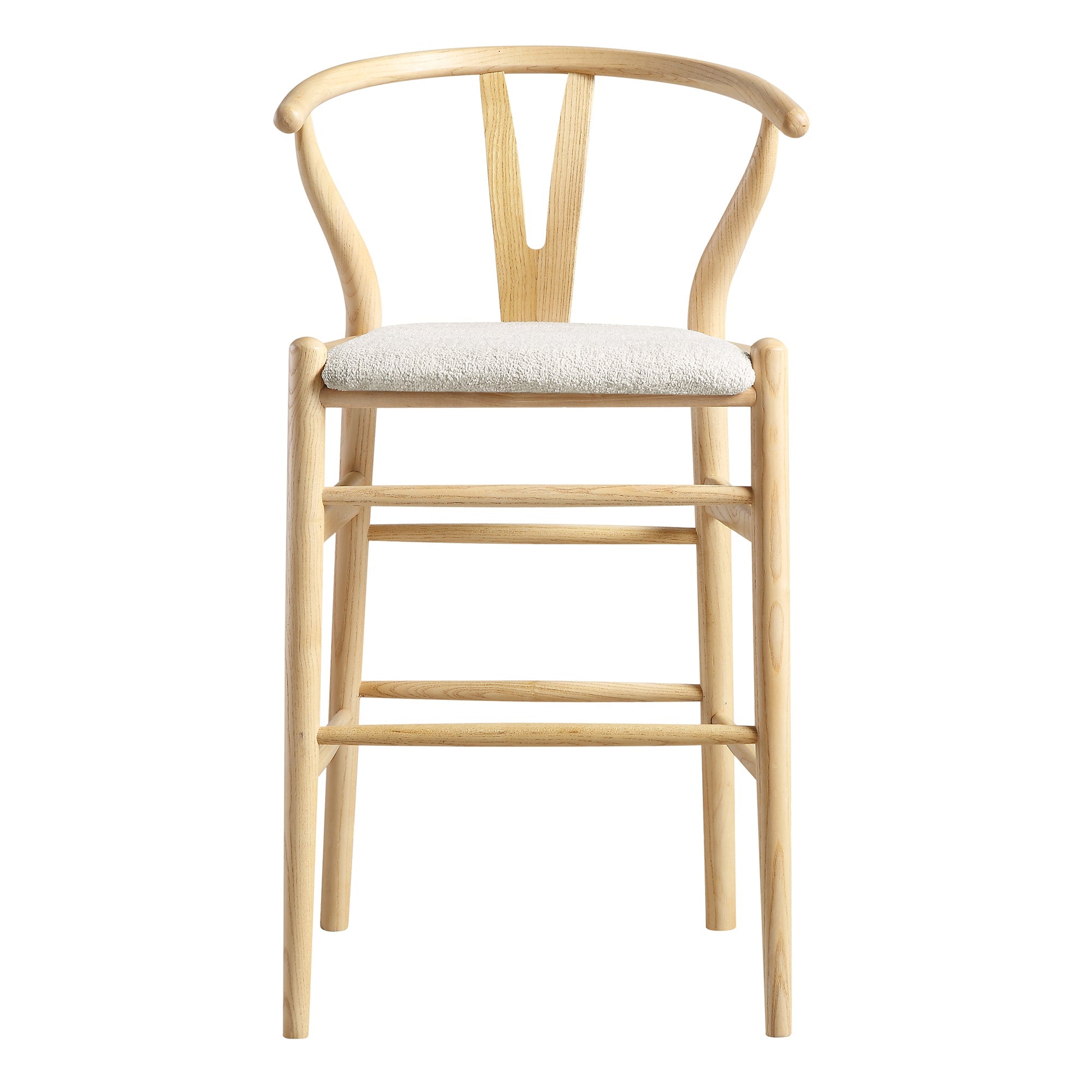 Hansel Upholstered Wishbone Counter Stool, Ivory White Boucle and Natural Frame