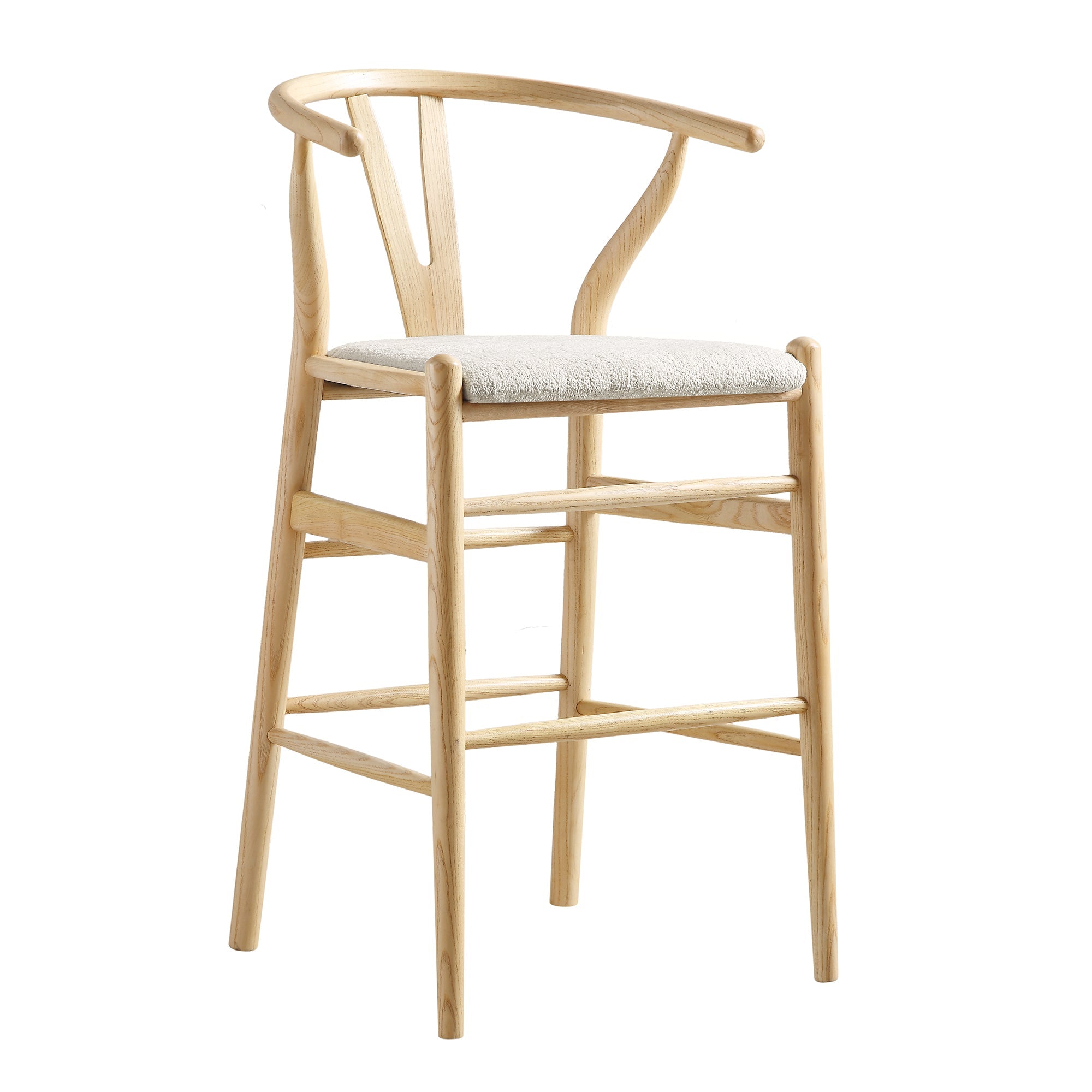 Hansel Upholstered Wishbone Counter Stool, Ivory White Boucle and Natural Frame