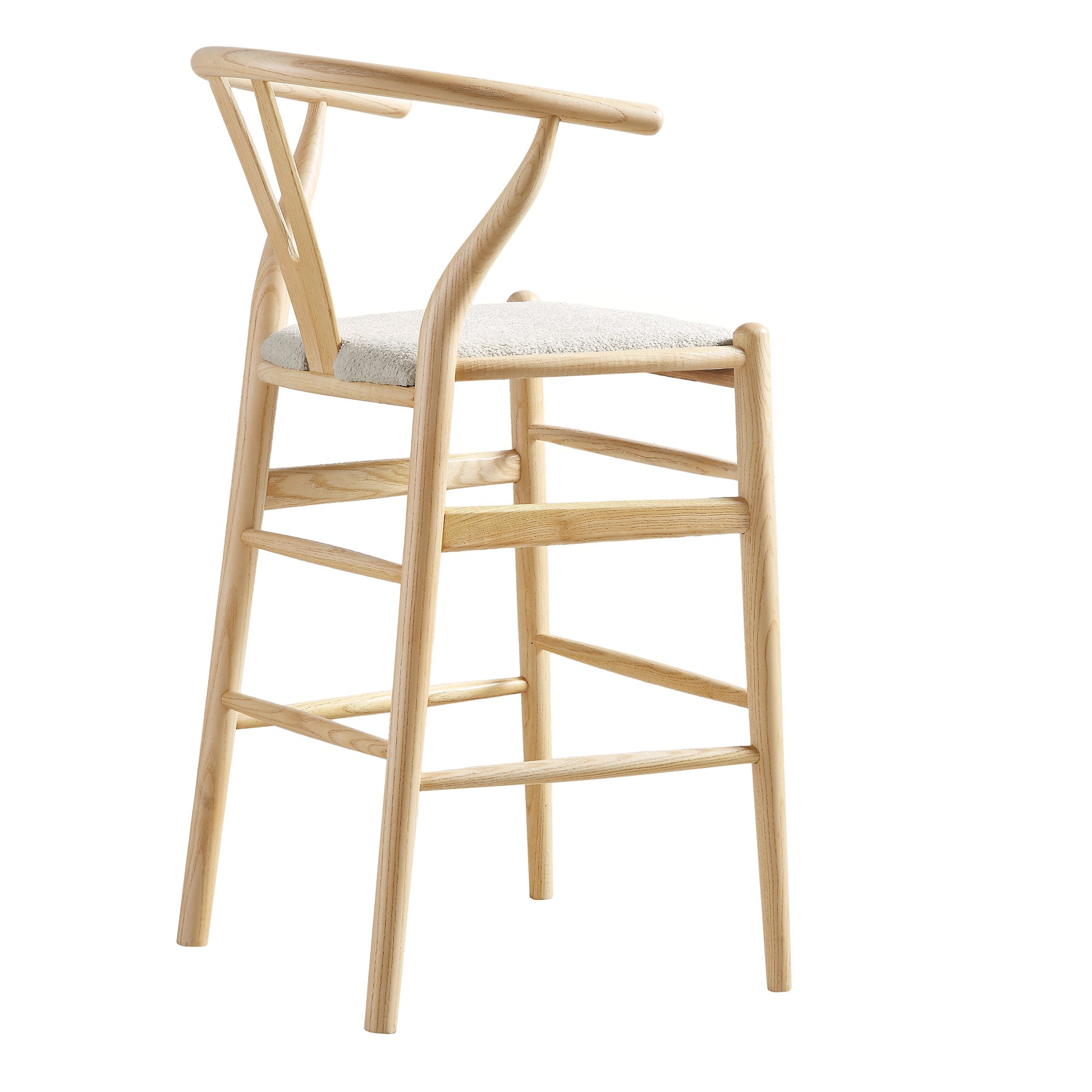 Hansel Upholstered Wishbone Counter Stool, Ivory White Boucle and Natural Frame