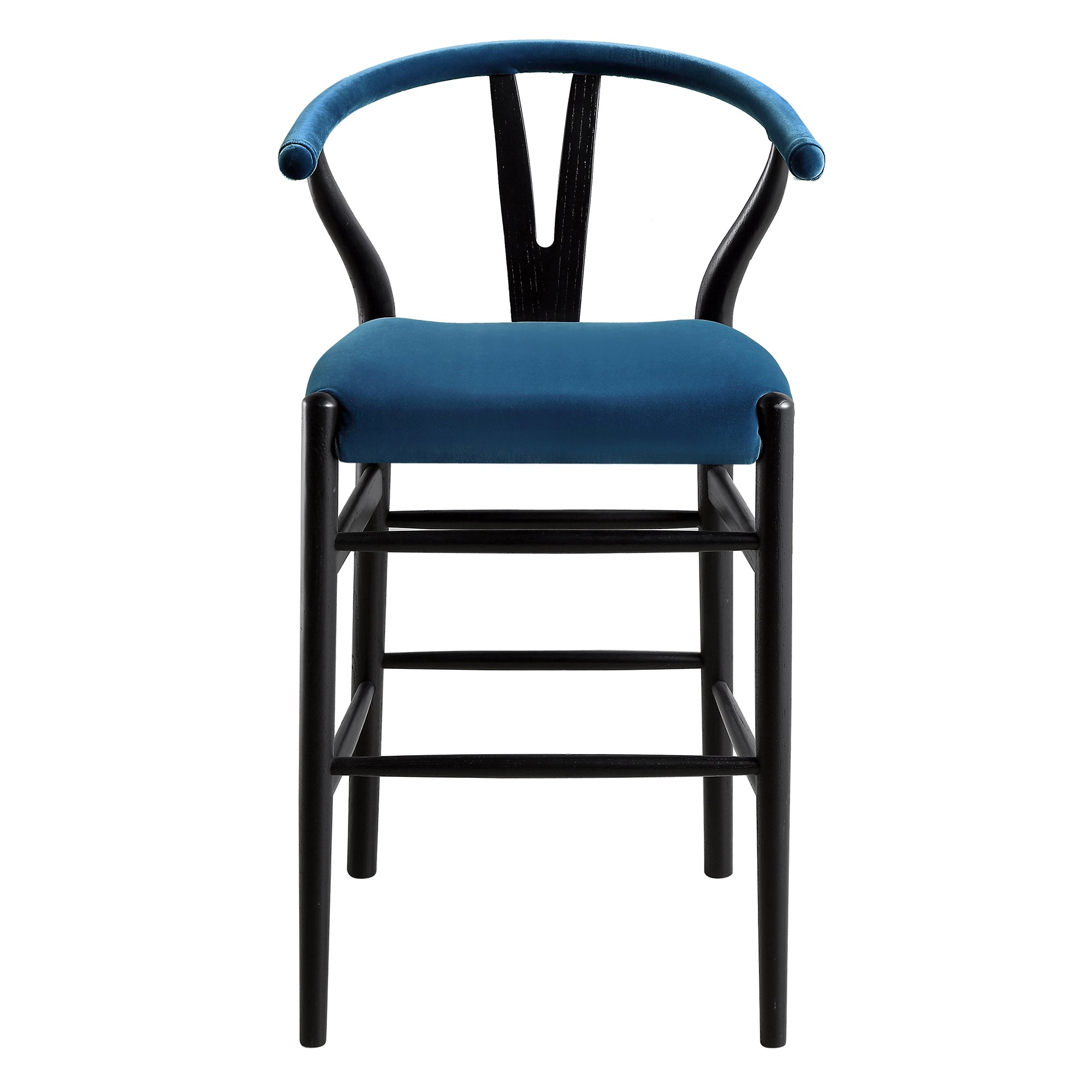 Hansel Upholstered Wishbone Counter Stool, Blue Velvet and Black Frame