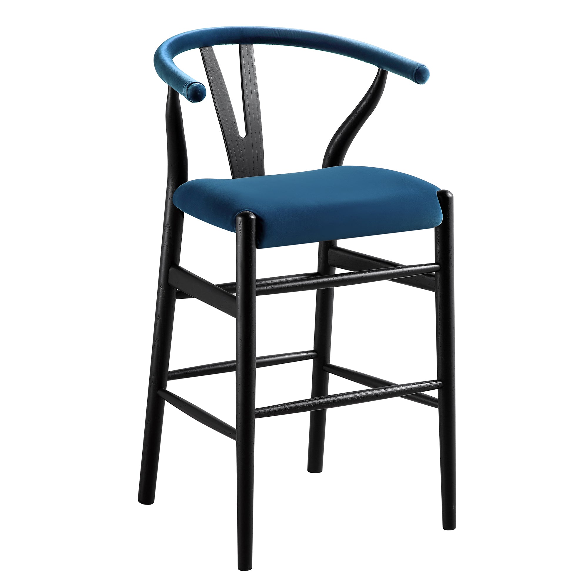 Hansel Upholstered Wishbone Counter Stool, Blue Velvet and Black Frame