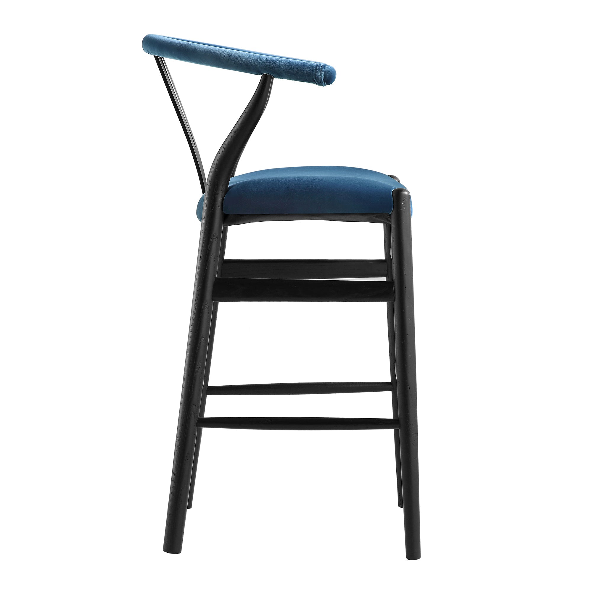 Hansel Upholstered Wishbone Counter Stool, Blue Velvet and Black Frame