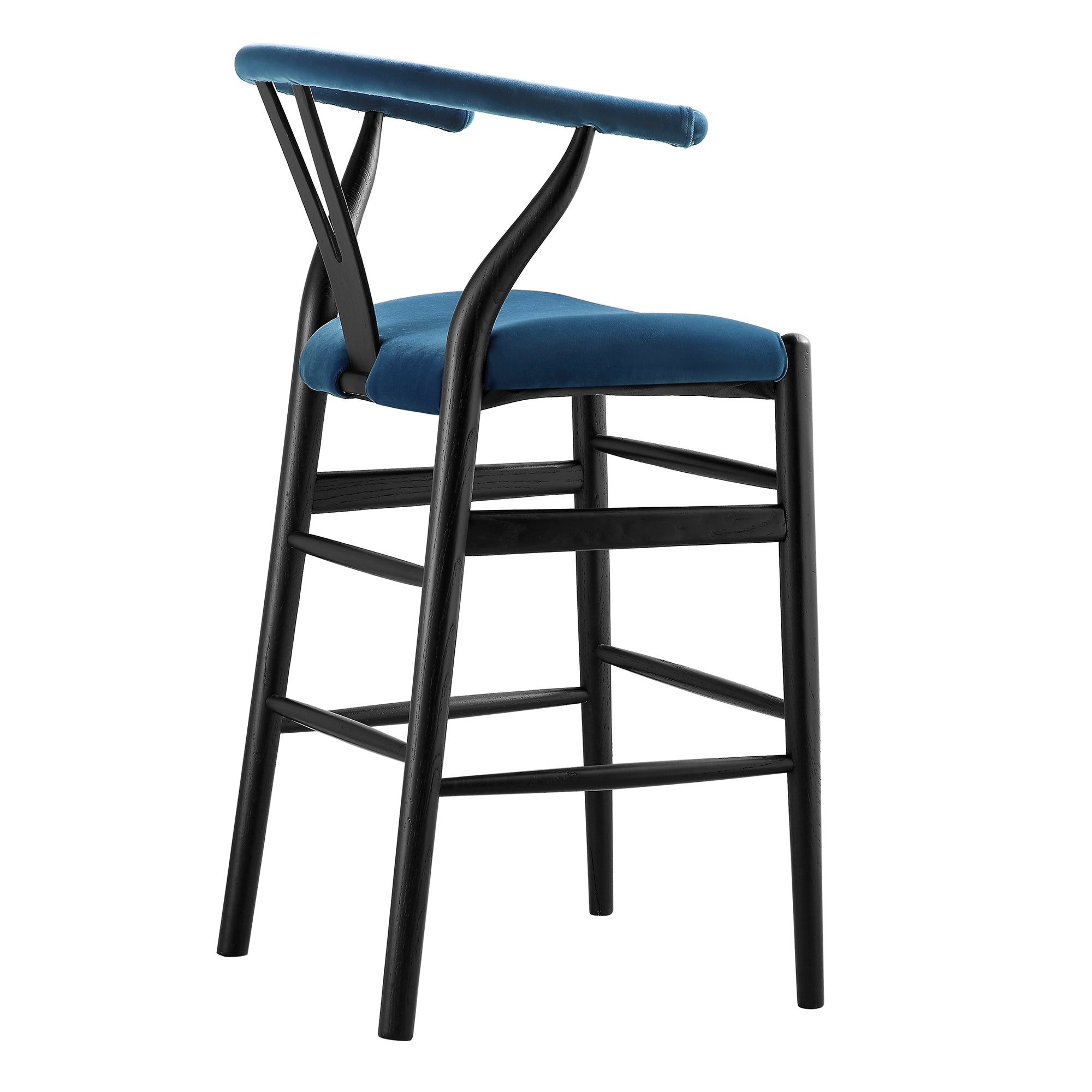 Hansel Upholstered Wishbone Counter Stool, Blue Velvet and Black Frame