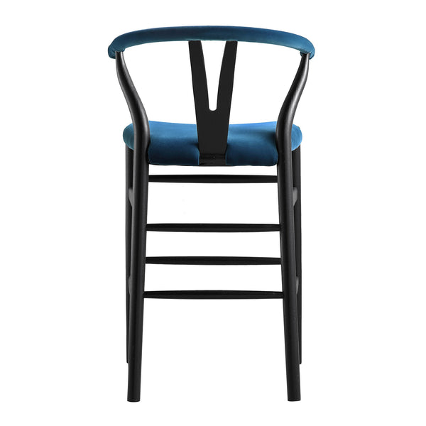 Hansel Upholstered Wishbone Counter Stool, Blue Velvet and Black Frame