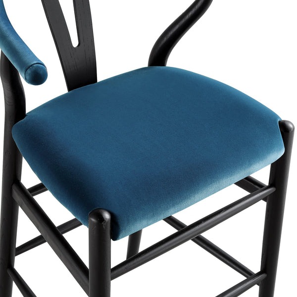 Hansel Upholstered Wishbone Counter Stool, Blue Velvet and Black Frame