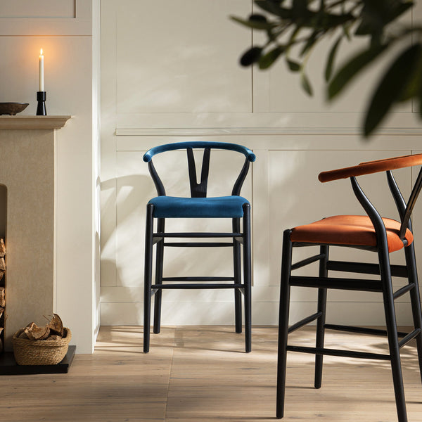 Hansel Upholstered Wishbone Counter Stool, Blue Velvet and Black Frame