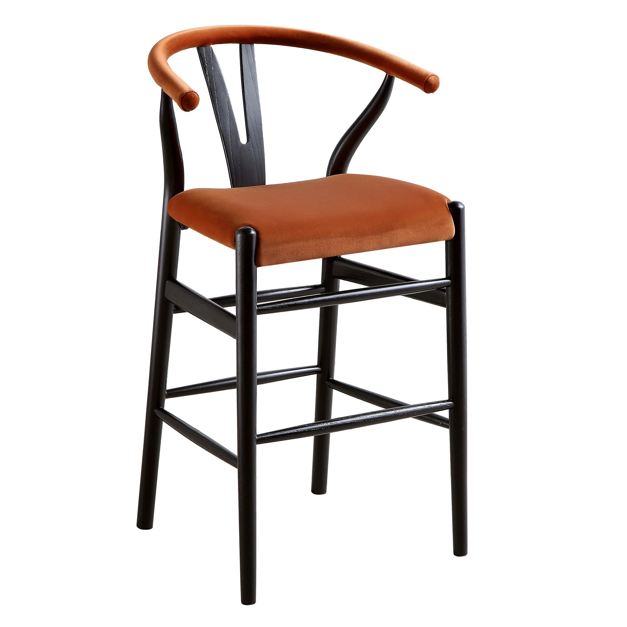 Hansel Upholstered Wishbone Counter Stool, Rust Velvet and Black Frame